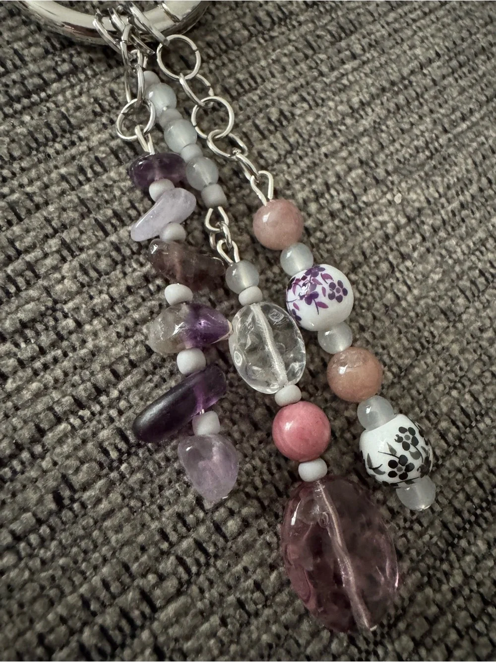 Amethyst & Silver Tone Hand Crafted Bag Charm Keychain with real gemstones